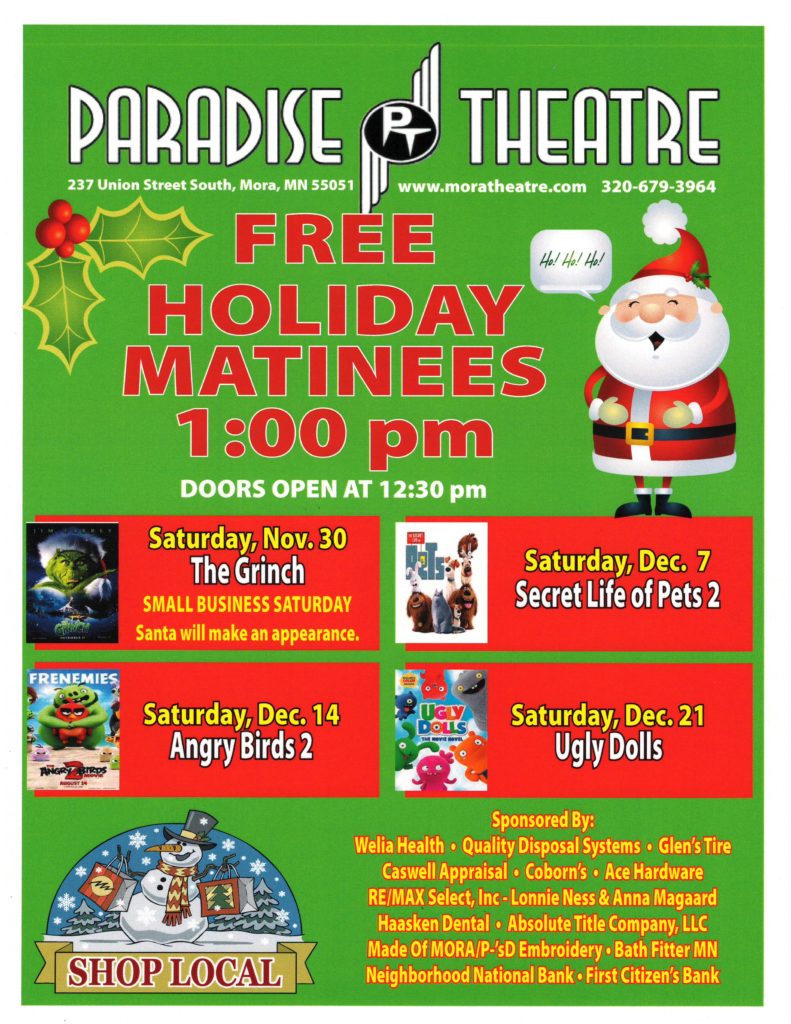 Flyer image listing free holiday matinees at Paradise Theater