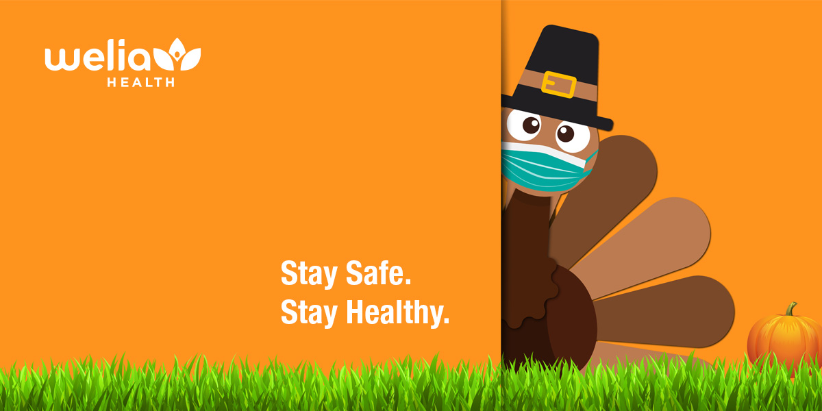 Cartoon of Thanksgiving turkey peering around the corner. Stay Safe. Stay Healthy.