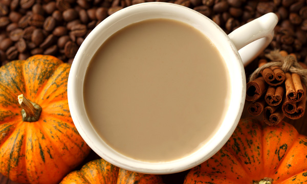 Close-up of a cup of coffee with pumpkins, cinnamon and coffee beans
