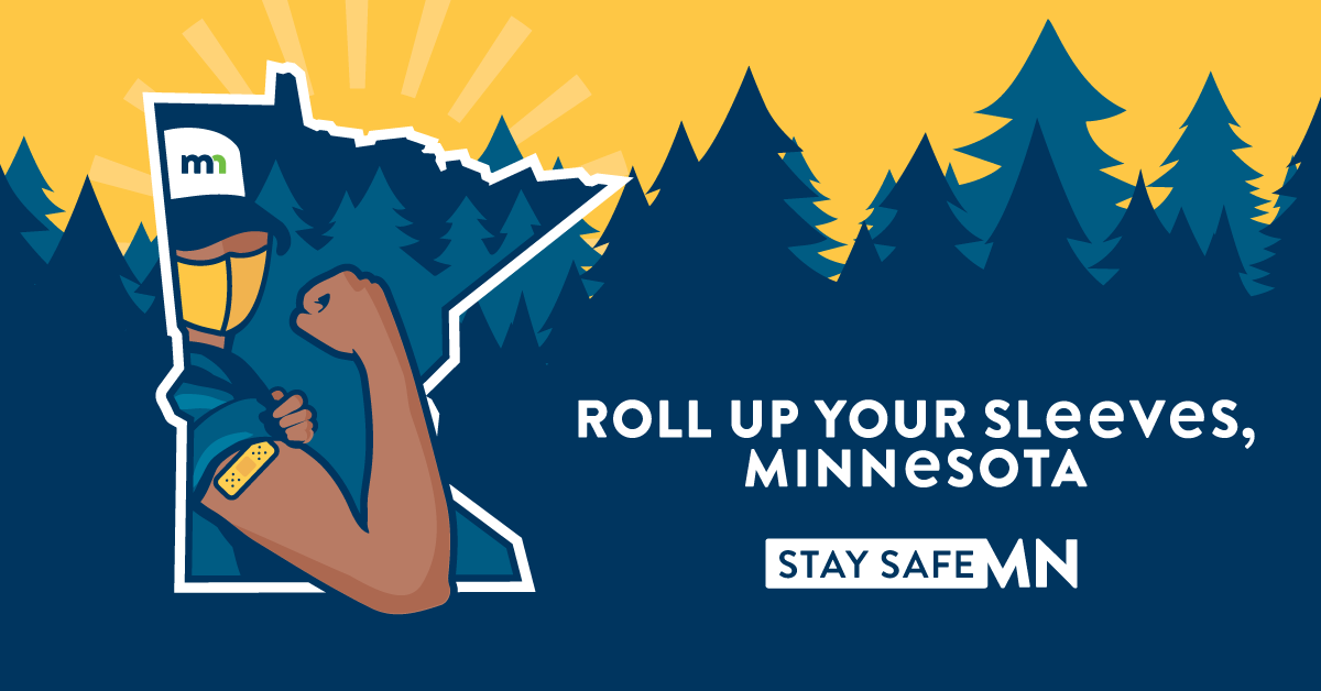 State of Minnesota graphic "Roll up your sleeves, Minnesota" with STAYSAFEMN logo