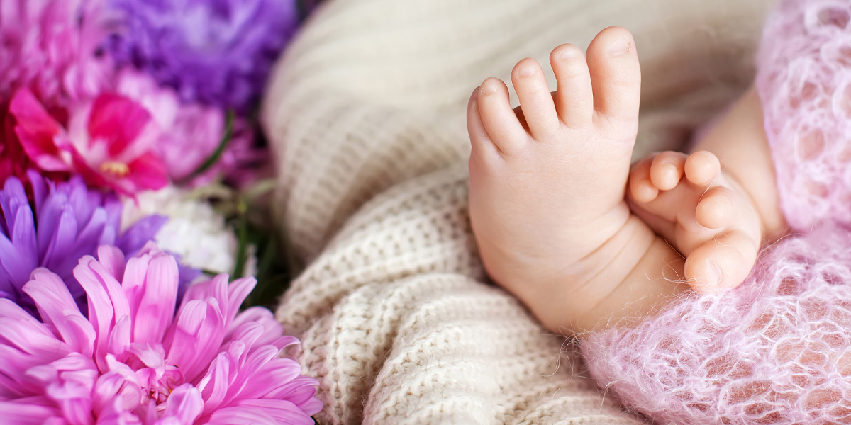 Newborn baby's feet next to colorful pink and purple flowers