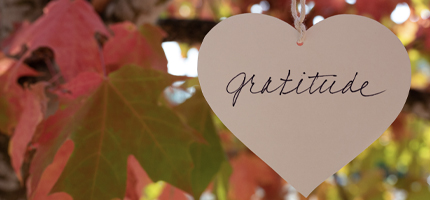 Gratitude image, autumn leaves with a heart-shaped sign that has 'Gratitude' written on it