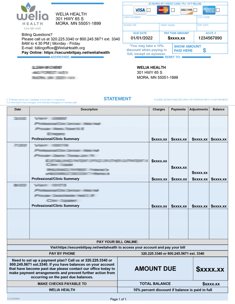 Sample of new Welia Health billing statement (front)