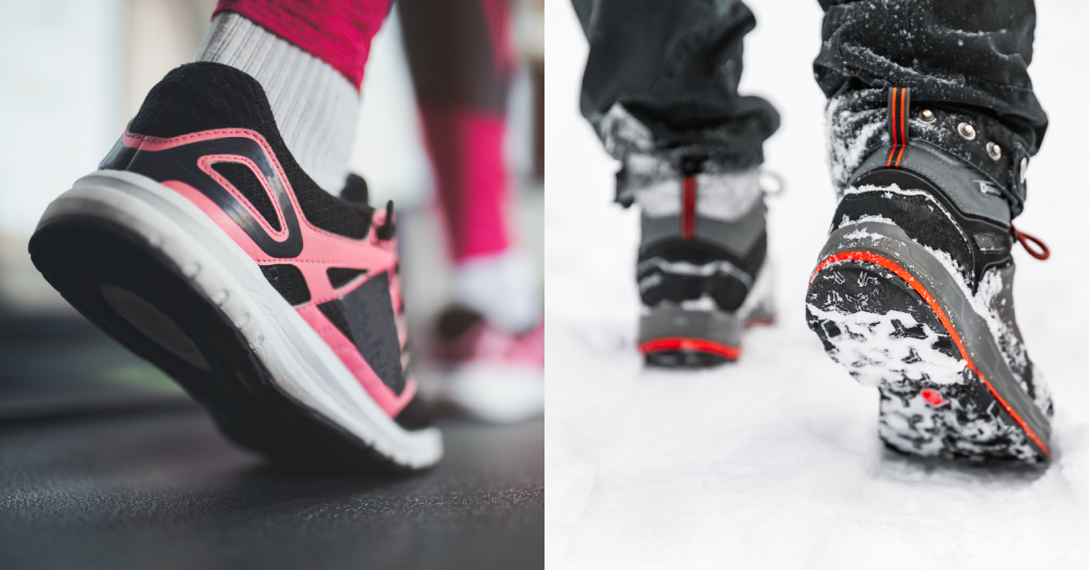 Split screen showing close-up of shoes walking indoors and boots walking outdoors