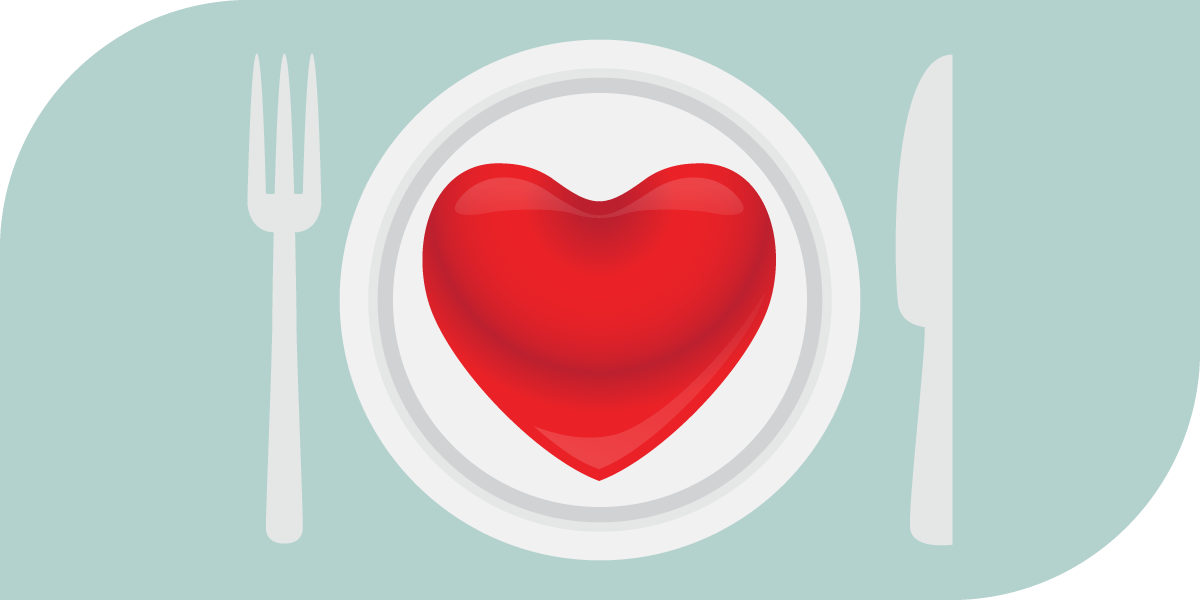 Graphic of a dinner plate, knife and form with a red heart on the plate