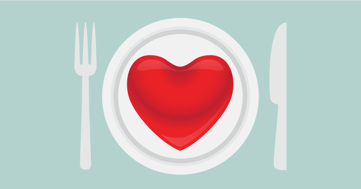 Graphic of a dinner plate, knife and form with a red heart on the plate