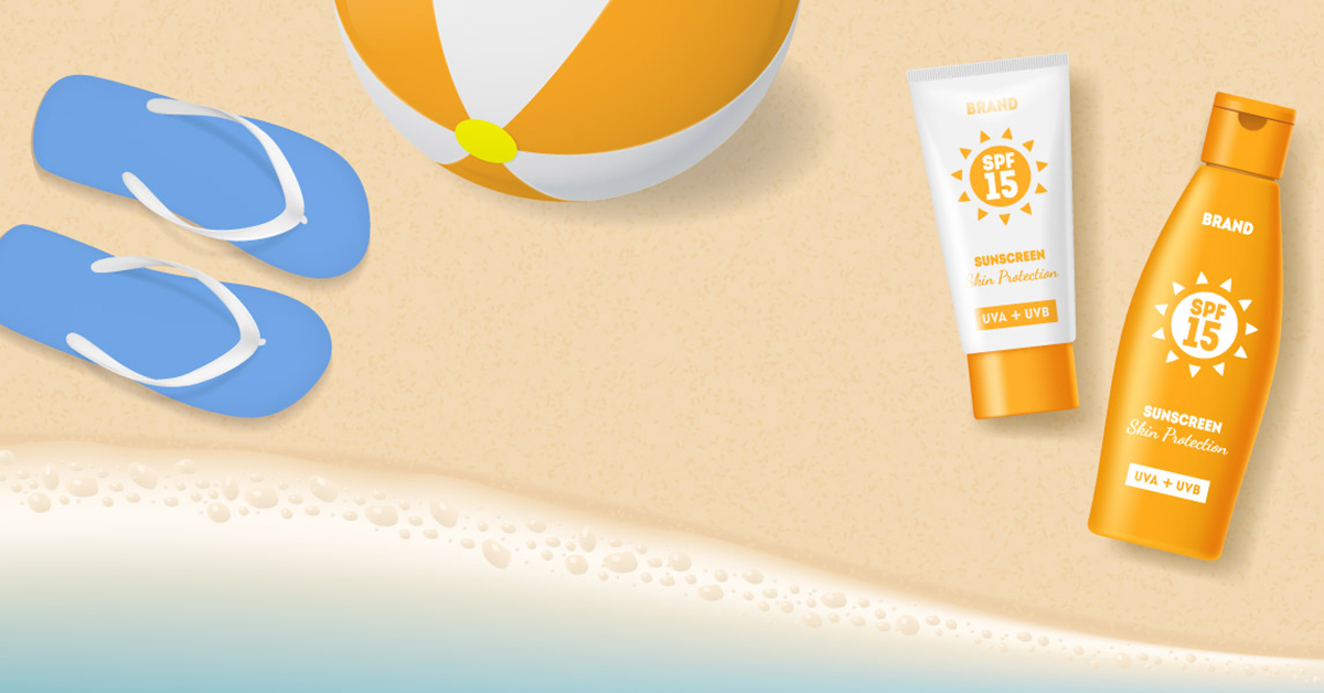 Illustration of a beach, flip flips, beach ball and sunscreen