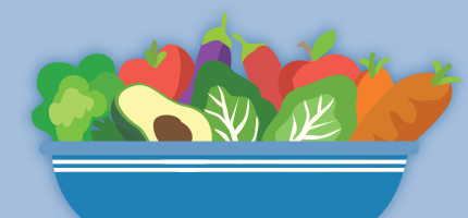 Illustration of a blue bowl containing lettuce, avocado, carrots and tomatoes.