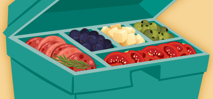 Illustration of different colored foods in a green container that has dividers.