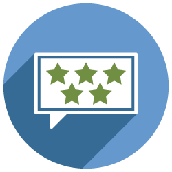 Five stars in speech bubble with blue background