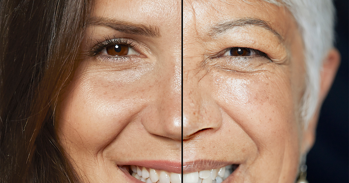 Split screen of younger woman on the left and older woman on the right