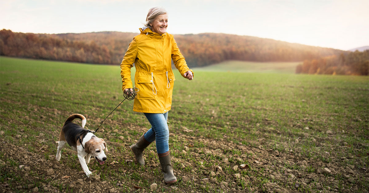 Active senior woman with dog on a walk in a beautiful autumn nature.