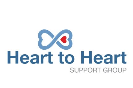 White background with heart to heart in blue text with logo and grey text below reads support group