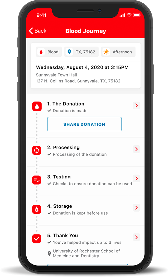 iPhone showing Red Cross Donor app Blood Journey
