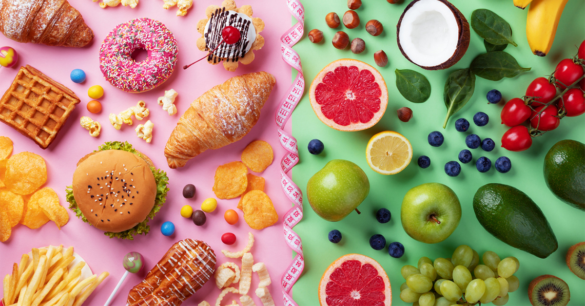 Foods with added sugars on the left and natural sugars on the right