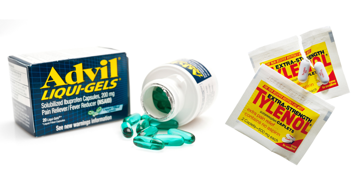 Advil box and opened Advil bottle and two packet of Tylenol