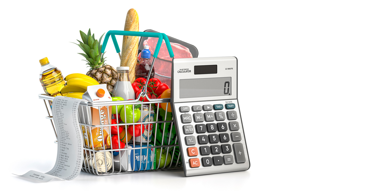 grocery cart, with receipt and calculator
