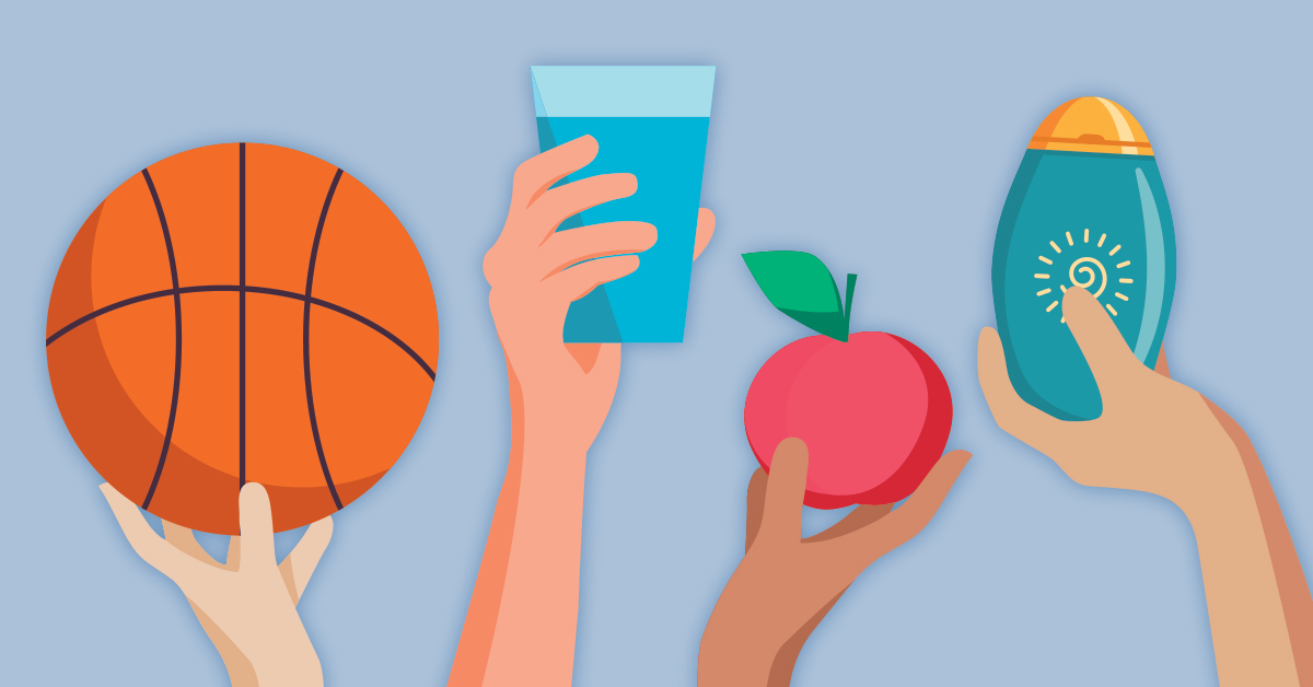 Illustration of hands holding: a basketball, a glass of