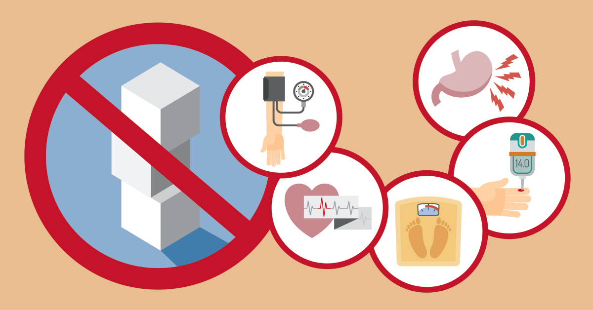 A 'no sugar cubes" graphic next to several health icons