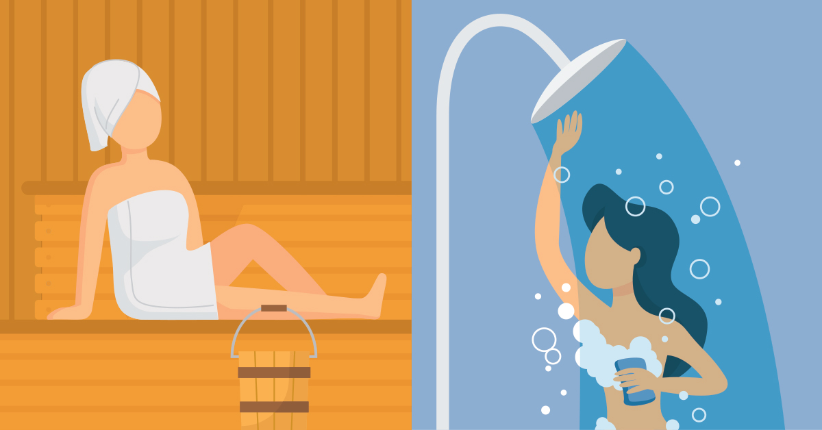 Side-by-side illustration of a woman in a sauna and a woman in a cold shower