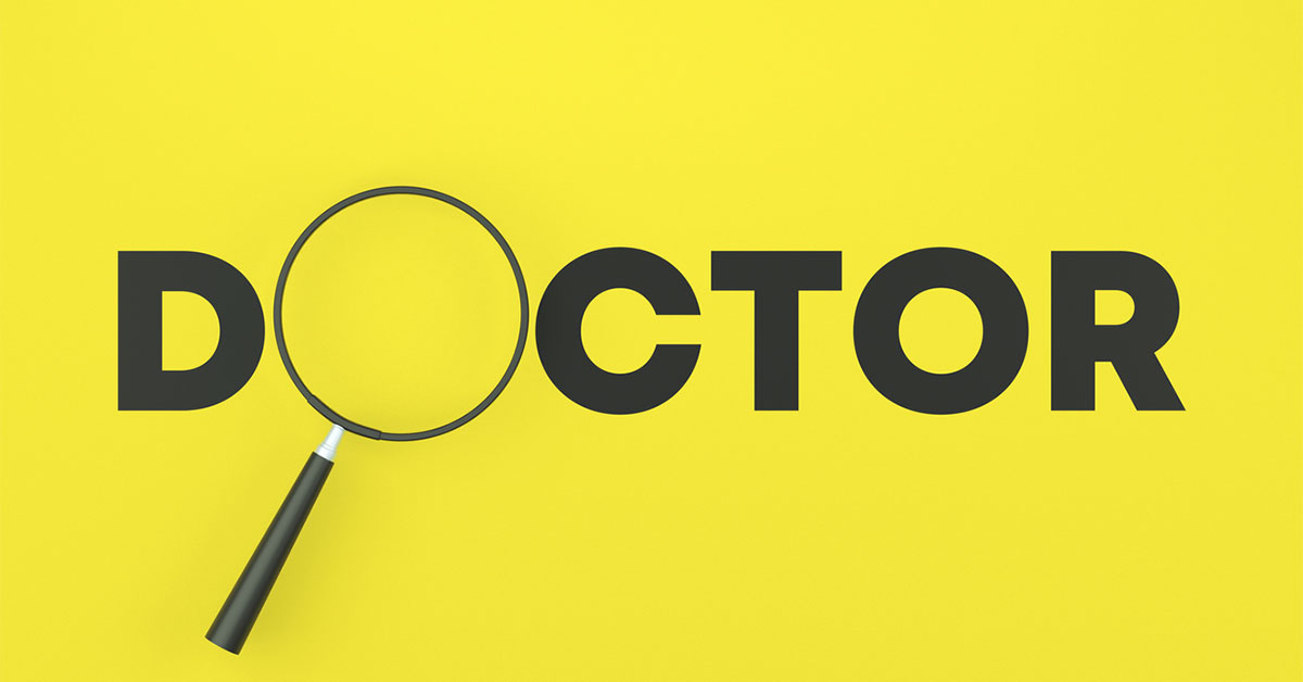 Doctor (the letter O is a magnifying glass) on yellow background