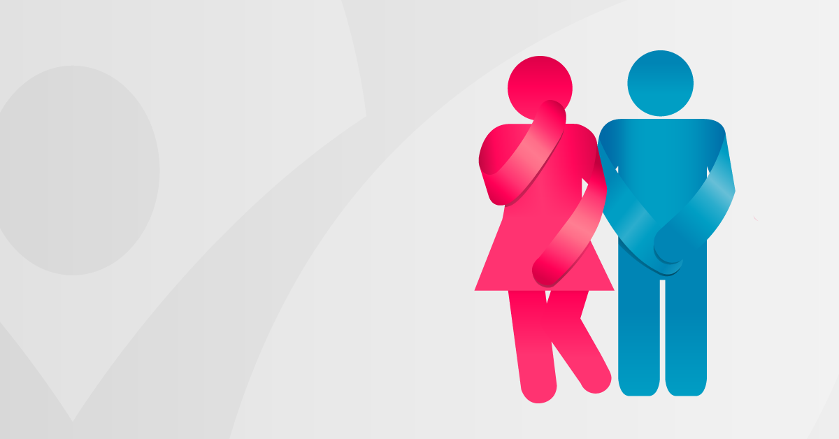 Male and female restroom symbols who "have to go"