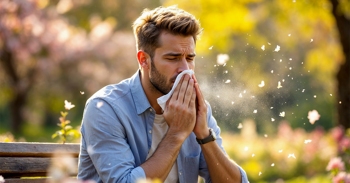 Man sitting on a park bench sneezing and blowing nose.