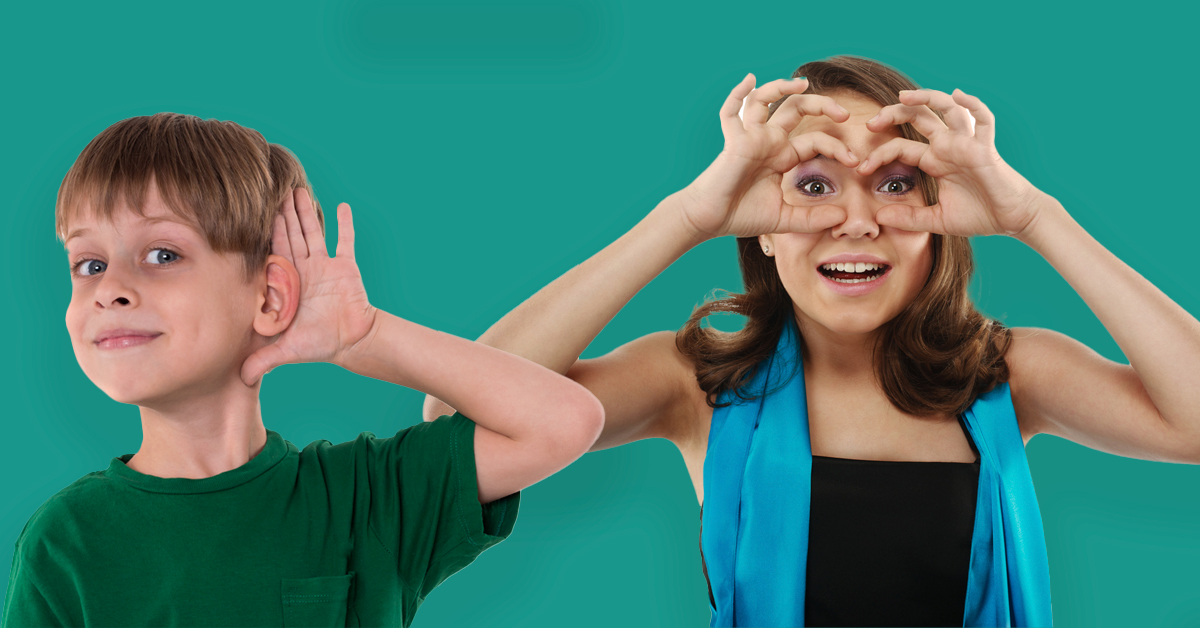 Young body holding hand to ear. Young girl holding hand to eyes like eyeglasses.