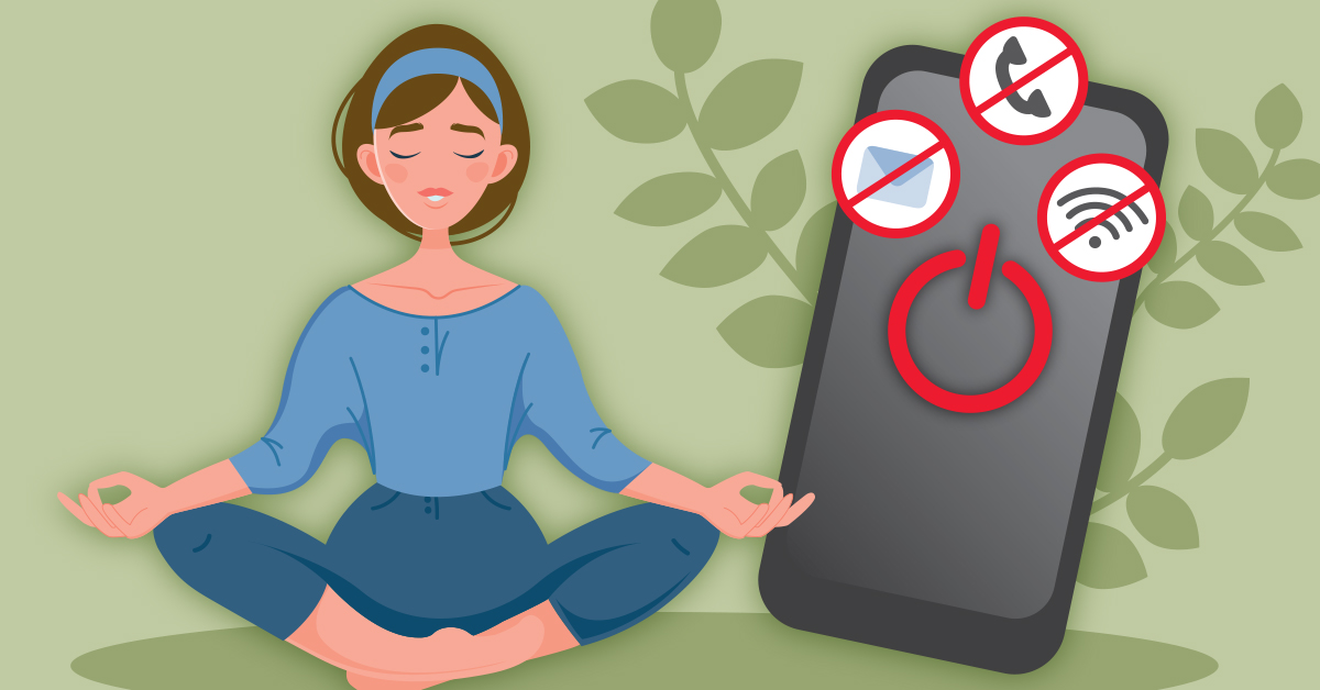 Illustration of a women practicing yoga. Cell phone with symbols to denote no phone, internet of screens
