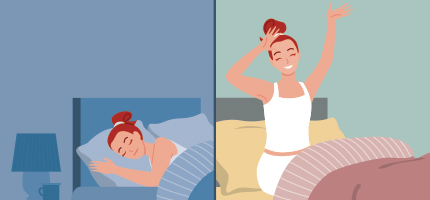 Side by side illustration of a woman sleeping, then waking up refreshed