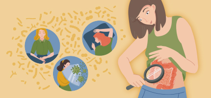 Illustration of a woman 'examining' her gut with a microscope