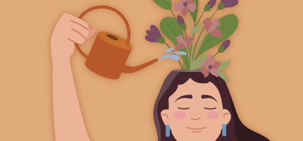Illustration of young woman watering flowers growing from the top of her head