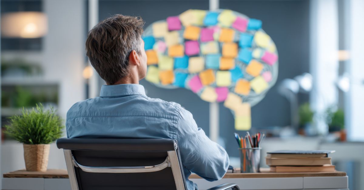 Man sitting at his desk staring at a collection of colorful post-it notes shaped like a brain