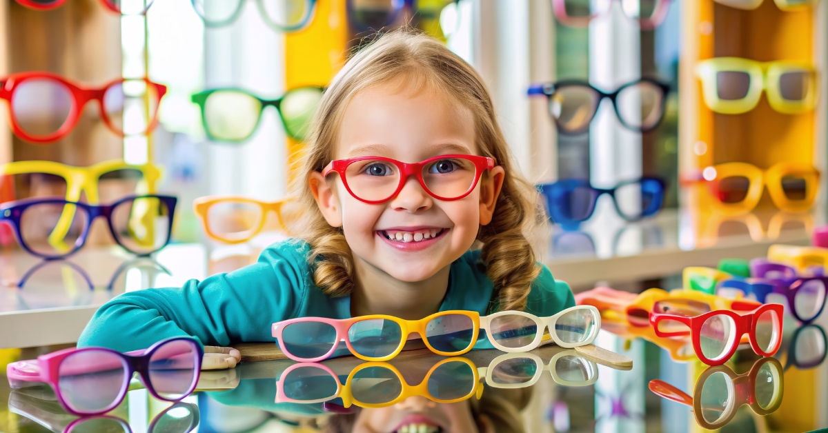 Young girls wearing red eyeglasses among lots of colorful eyeglasses